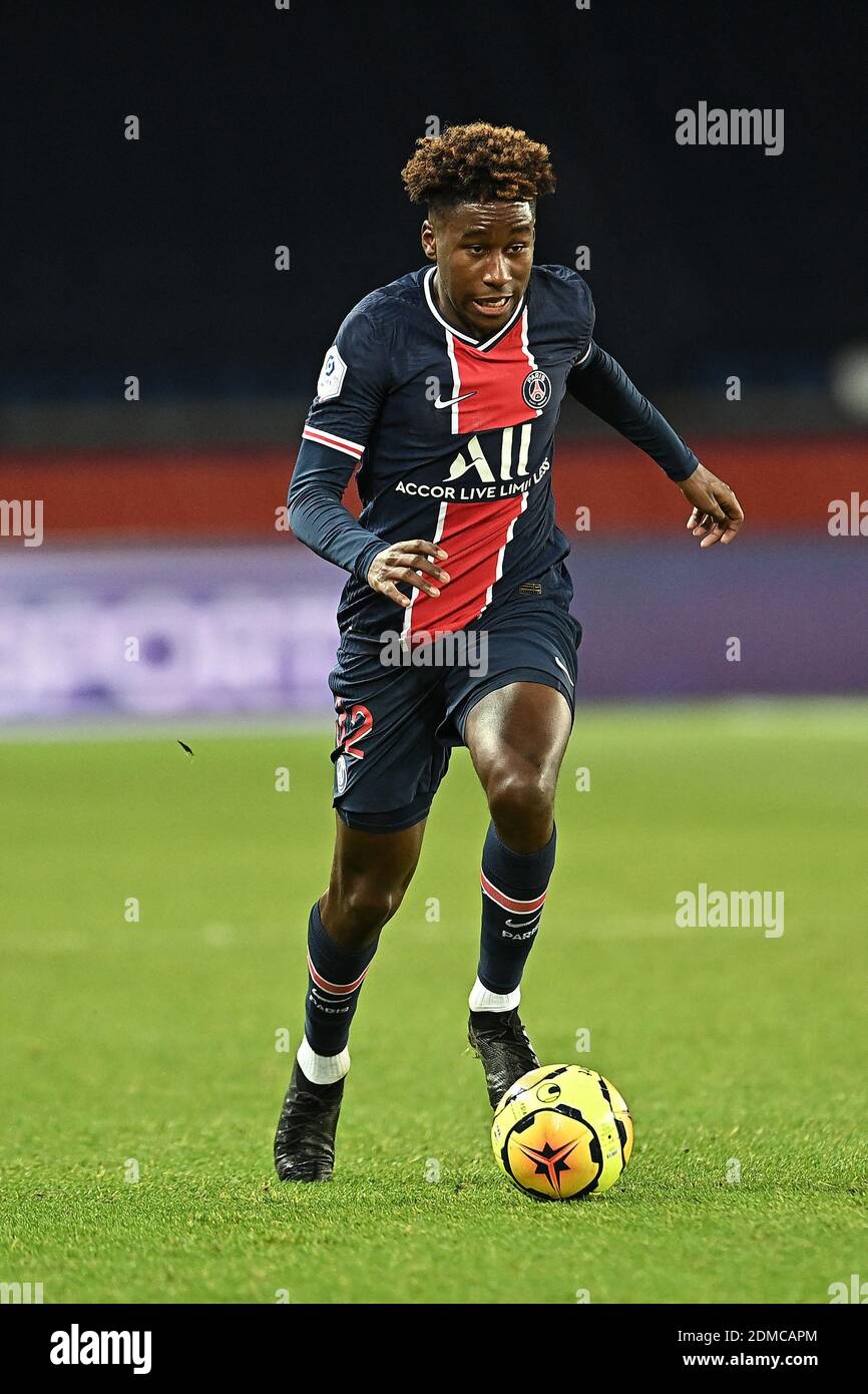 Timothee Pembele of Paris Saint Germain in action during the Ligue 1 match  between Paris Saint Germain and Football Club Lorient at Parc des Princes,  on December 16, 2020 in Paris, France.