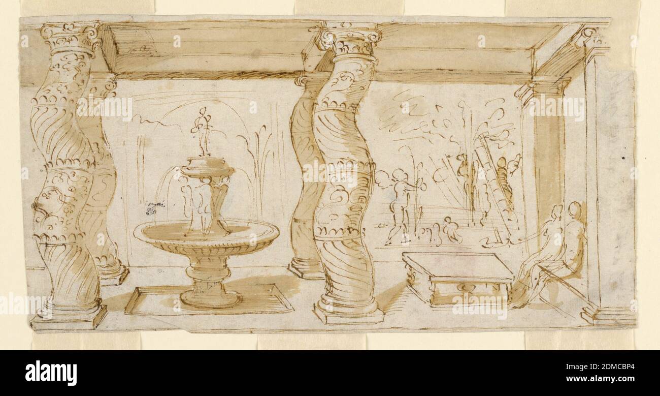 Sketch for a Wall Painting, Porch with a View in a Garden, Pen and ink, brush and sepia on paper, Horizontal rectangle. The roof of the porch rests upon two pillars at right and upon two pairs of curved columns at left and center. In the compartment at left a fountain, at right two figures sitting on a bench at a table. In the garden, putti and plants., Central Italy, Italy, ca. 1640, architecture, interiors, Drawing Stock Photo