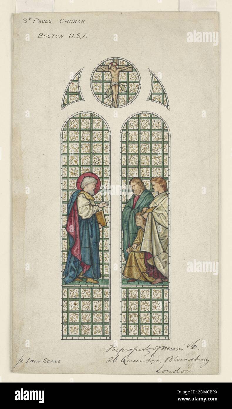 Design for Stained Glass Window, St. Paul's Church, Boston, MA, Sir Edward Burne-Jones, English, 1833–1898, Pen and ink, brush and watercolor on paper, Window consisting of two arched panels, with Saint Paul preaching in one and three figures listening in the other. Above, in a rondel, the crucified Christ., Europe and USA, 1870–74, architecture, interiors, Drawing Stock Photo