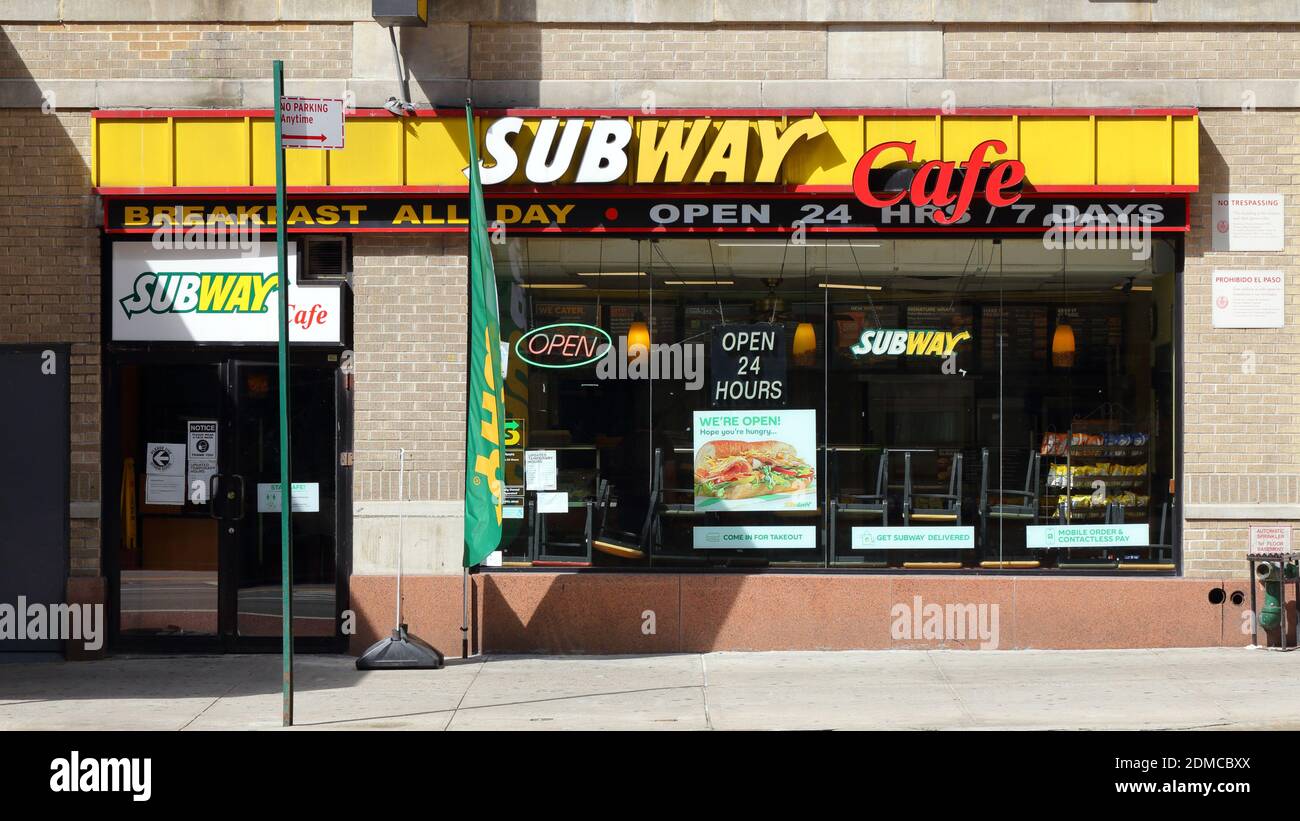 Subway Cafe, 341 W 42nd St, New York, NYC storefront photo of a fast food chain restaurant serving sandwiches and coffee in Midtown Manhattan. Stock Photo