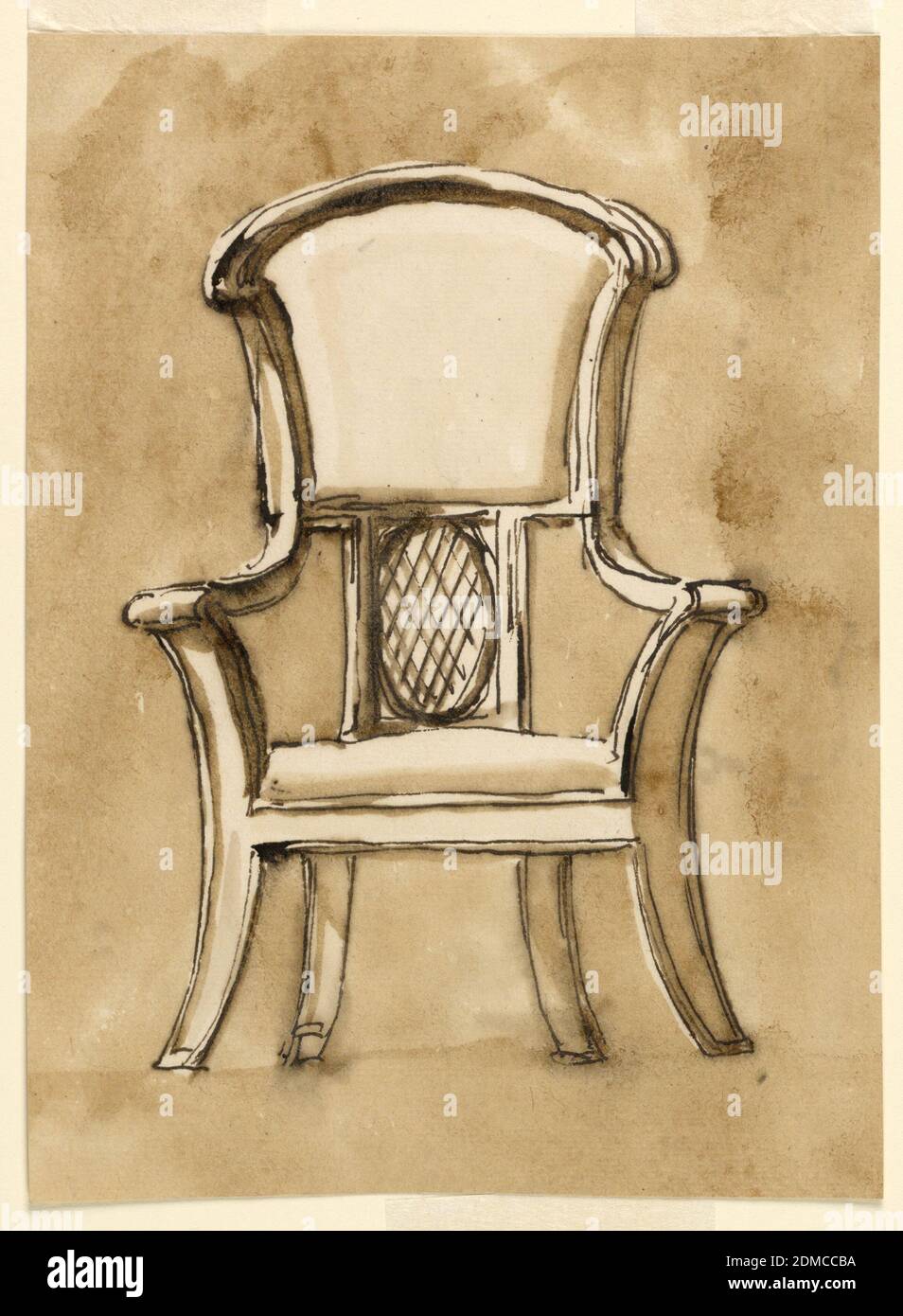 Armchair, Pen and brown ink, brush and brown wash, on off-white laid paper, Frontal view of a chair. The arms and legs are slightly curved, the back is divided in two halves- the upper padded and trapezoidal, the lower rectangular, with a caned inner oval., Italy, 1780–90, furniture, Drawing Stock Photo