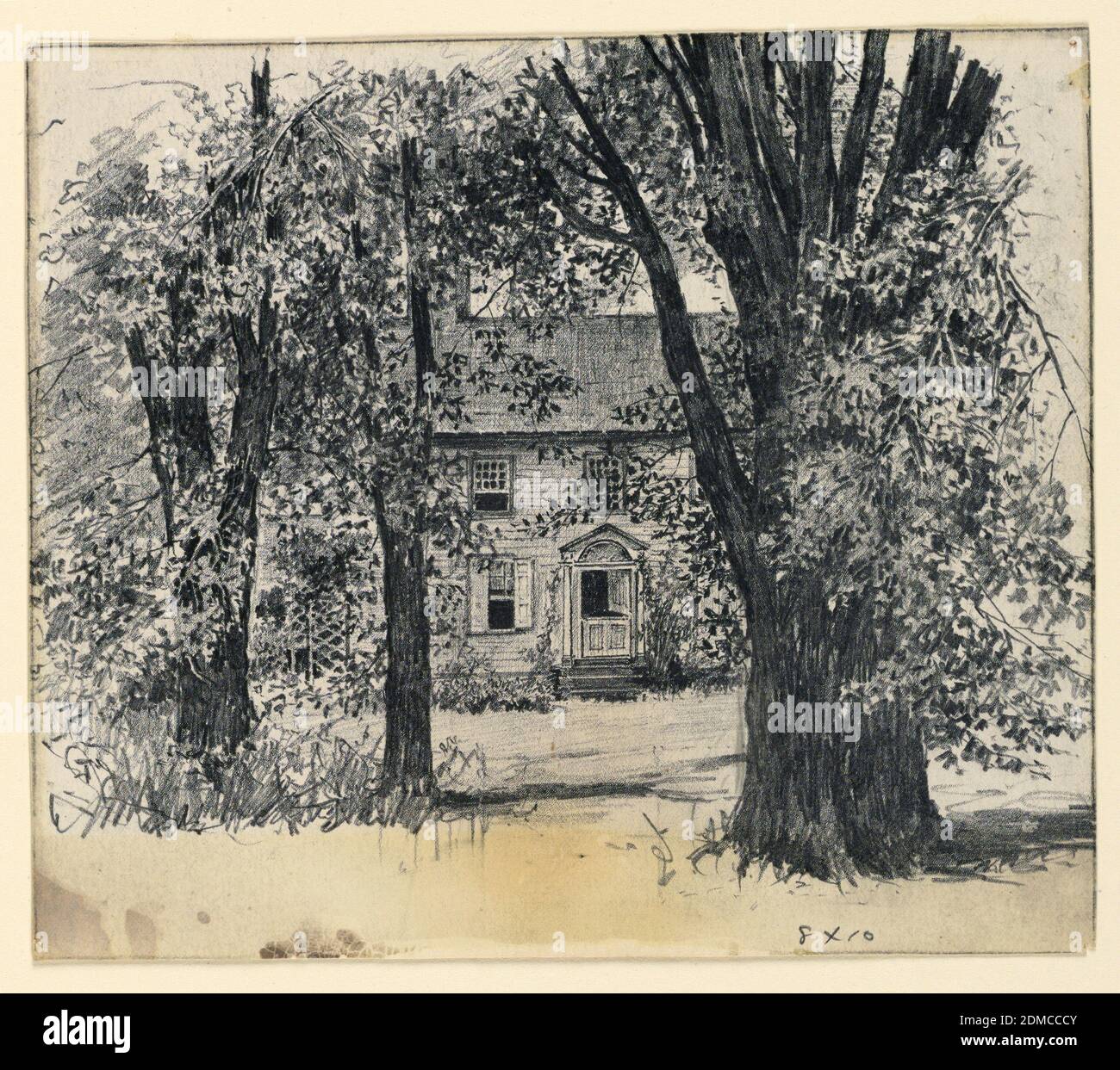 Point Lookout, Mary A. Hallock Foote, American, 1847–1938, Graphite on cream heavy wove paper, View of a house with Dutch door (top portion is shown open) through a grove of trees., From Catalogue Card: Horizontal rectangle. View of the exterior of a Colonial type house, seen through the trees. The entrance has a portico and a dutch doorway, partially open., USA, 1883, landscapes, Drawing Stock Photo