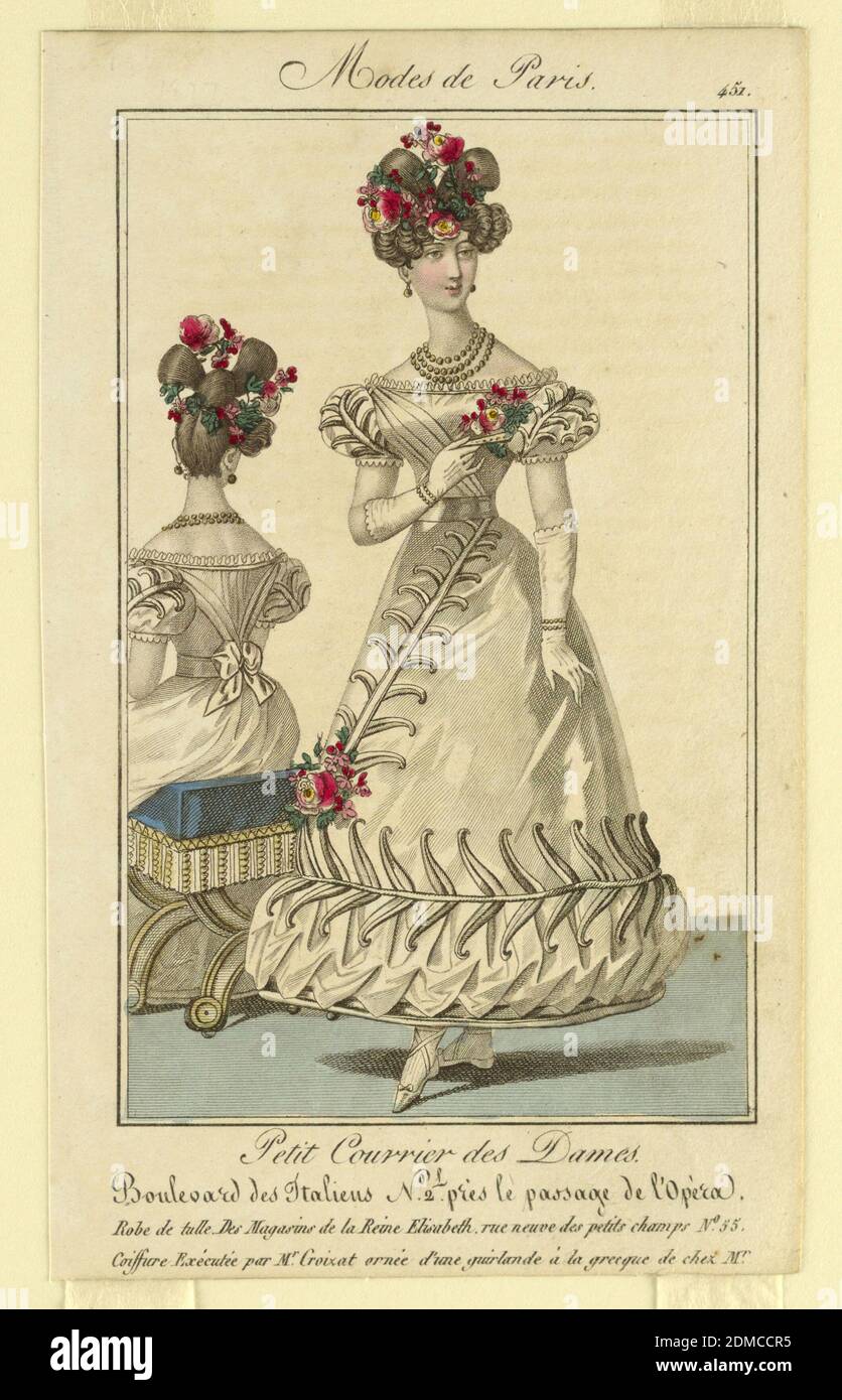 Fashion Plate for Woman's, Hand-colored engraving Support: off-white wove paper, France, Europe, 1827, costume & accessories, Print Stock Photo
