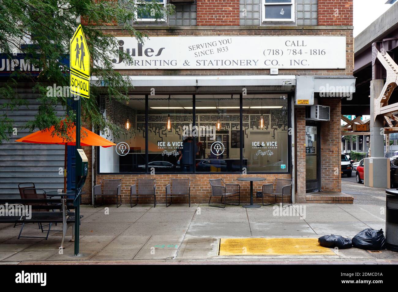 [historical storefront] Ice & Vice popup, 27-20 Jackson Ave, Long Island City, NY. exterior storefront of an ice cream shop. Stock Photo