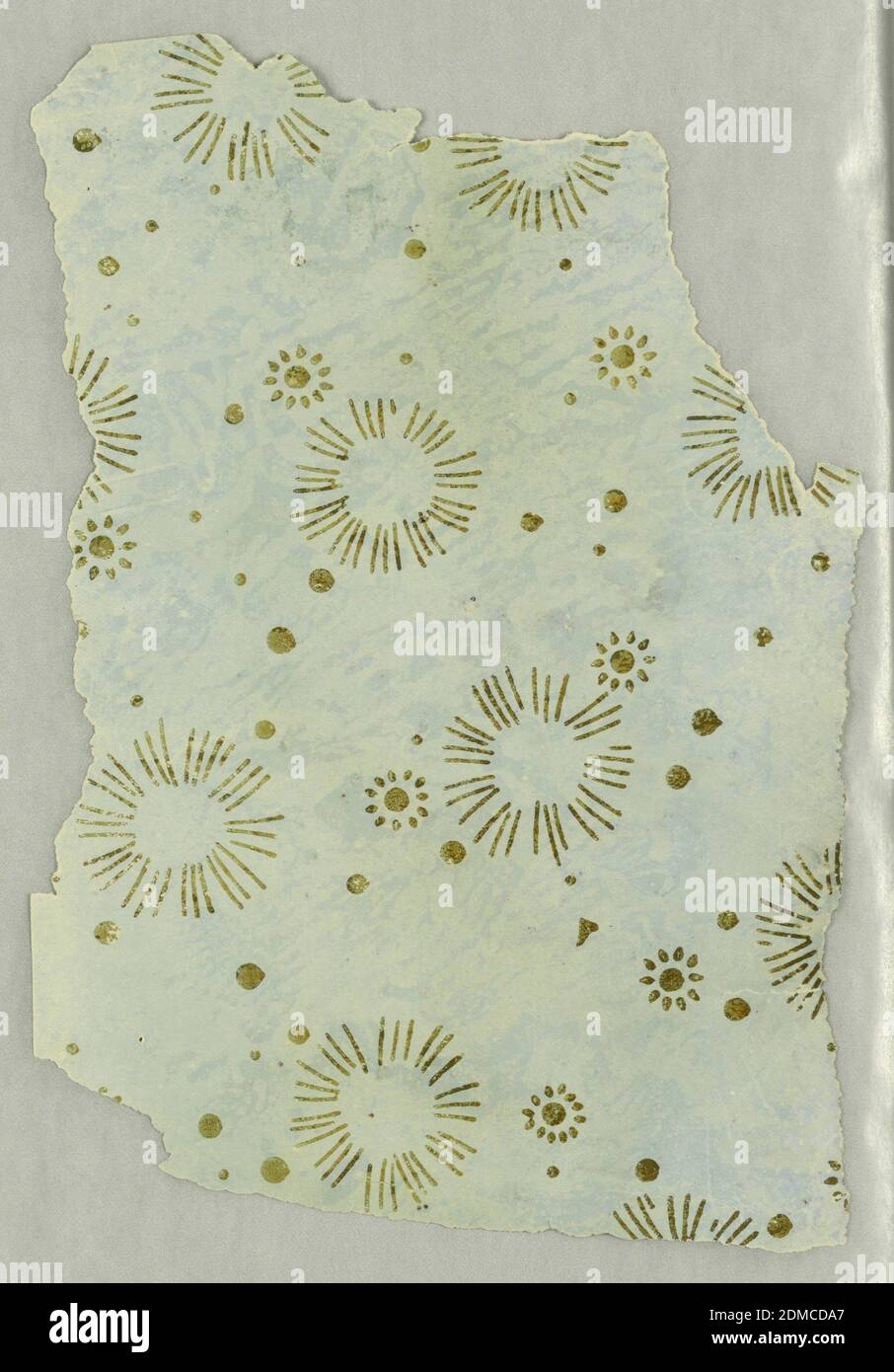 Ceiling paper, Machine-printed, Starburst or dandelion-like flowers with smaller floral-like motifs and dots. Printed in metallic gold on light blue ground., 1868–69, Wallcoverings, Ceiling paper Stock Photo