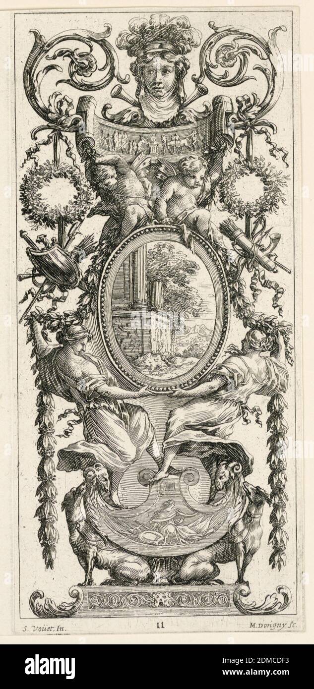 Ornamental Panel Surmounted with a Head Flanked by Foliage, plate 11 from the Ornamental Panel Surmounted with a Head Flanked by Foliage, from the Livre de Diverses Grotesques peintes dans le Cabinet et Bains de la Reyne Regente, au Palais Royale, Michel Dorigny, 1617 – 1665, Simon Voüet, 1590 – 1649, etching with engraving on laid paper, Grotesque panel with oval medallion held by four figures as centerpieces surmounted by female head flanked by floral scrolls. Grotesque design composed of wreath and floral scroll motifs., France, 1647, ornament, Print Stock Photo