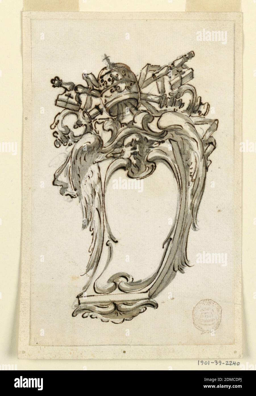 Drawing, Pen and black ink, brush and gray wash on paper, Cartouche with royal symbols and elements., Italy, 1750–86, ornament, Drawing Stock Photo