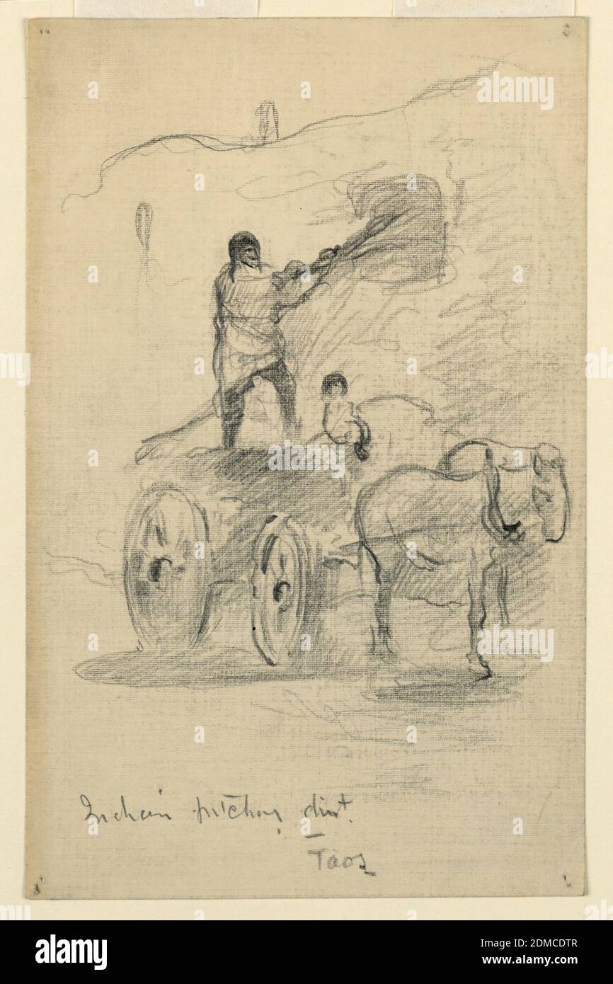 Indian Pitching Dirt, Taos, Eugene Higgins, American, 1874–1958, Graphite on paper, A figure stands in a four-wheeled cart drawn by a horse and shovels dirt from it. Buildings outlined behind., USA, 1921, figures, Drawing Stock Photo