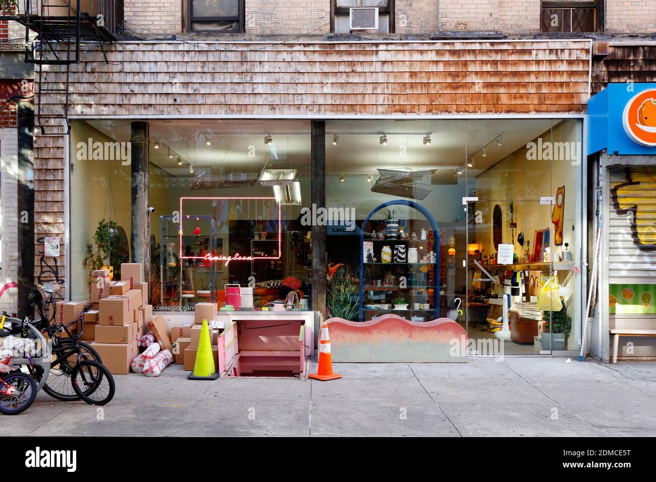 [historical storefront] Coming Soon, 37 Orchard St, New York, NYC storefront photo of a chic designer home store in the Lower East Side. Stock Photo