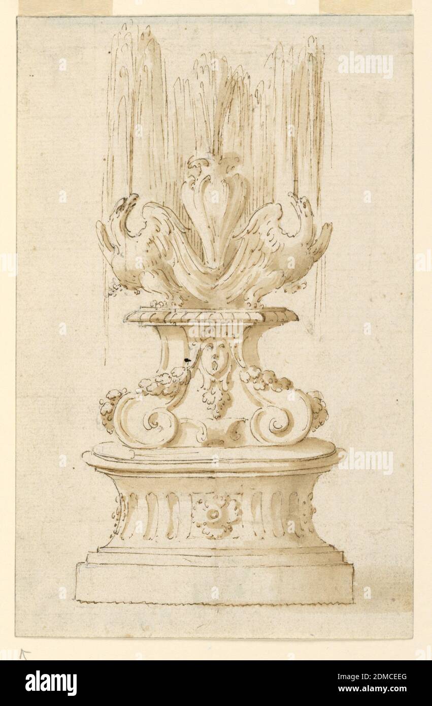 Fountain with Two Eagles, Pen and brown ink, brown wash Support: white laid paper, Italy, Italy, 1750–1800, architecture, Drawing Stock Photo