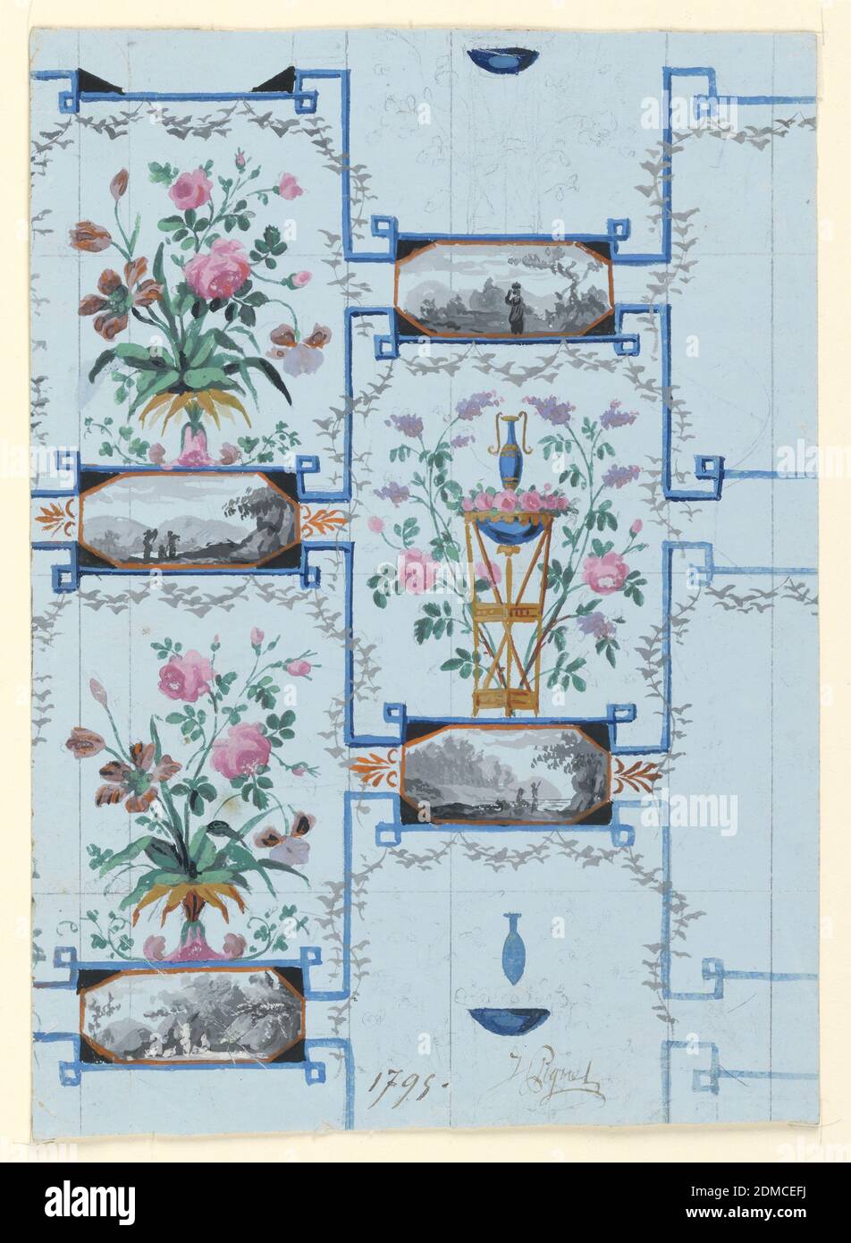 Wallpaper Design, Pignet et Cie, Brush and tempera, graphite on laid paper, Design for wall-paper of the Directoire period, combining elements of panel wall-papers and simple repeating wall-papers. Landscape vignettes in grisaille are combined with large floral arabesques., 1795, wallpaper designs, Drawing Stock Photo