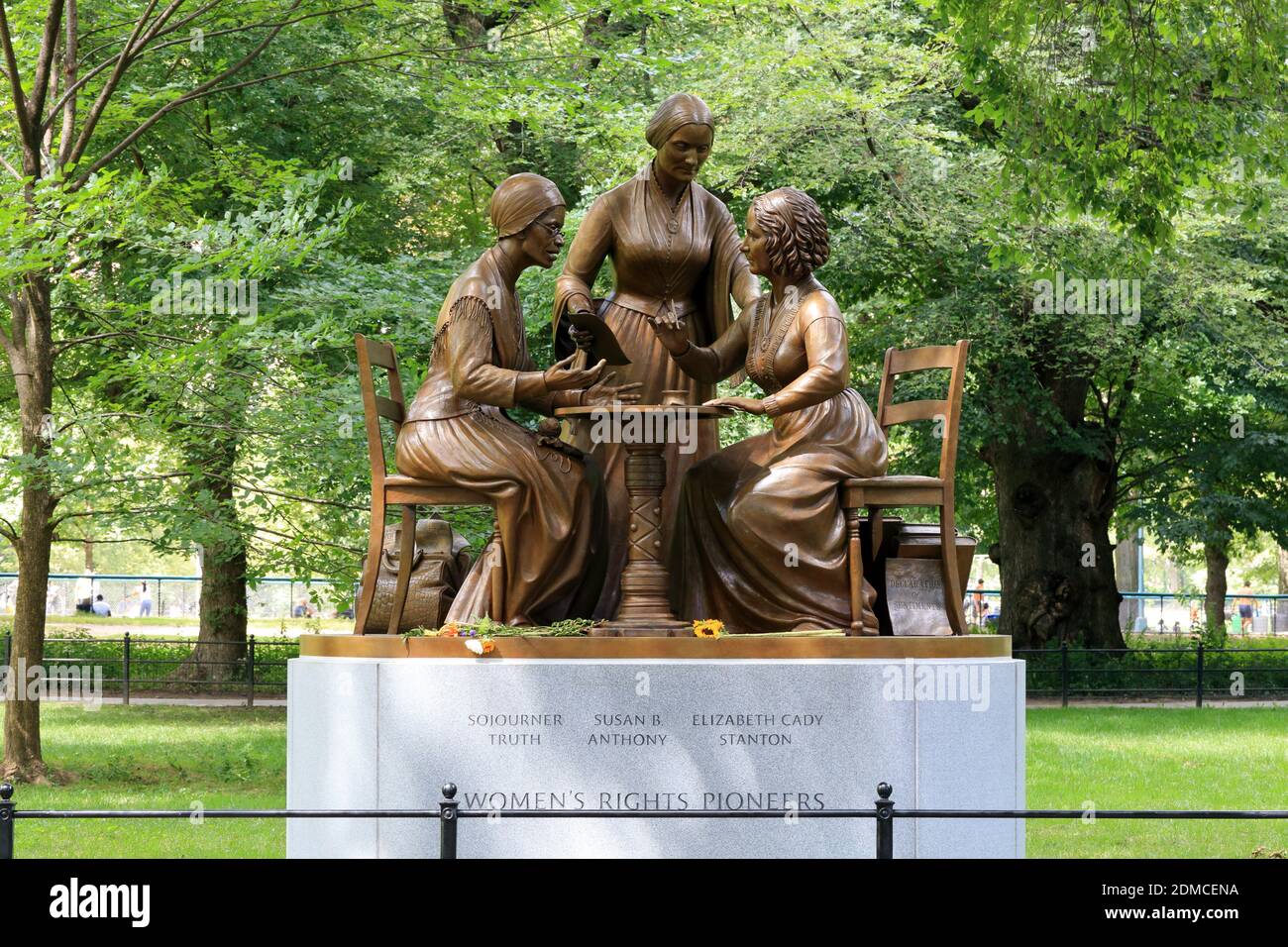 The Women’s Rights Pioneers' sculpture by Meredith Bergmann in Central Park, New York, NY. Stock Photo