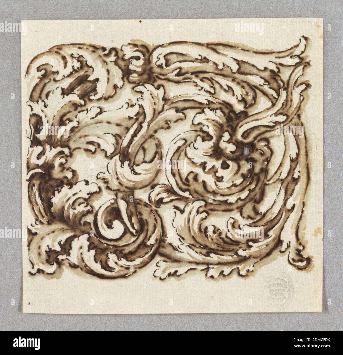 An Acanthus Scroll, Pen and ink, brush and bistre on paper, The right half of the decoration of an oblong panel. Starting with a scroll, bottom left, and ending with a flower at the right center., Italy, 1700–1750, architecture, Drawing Stock Photo