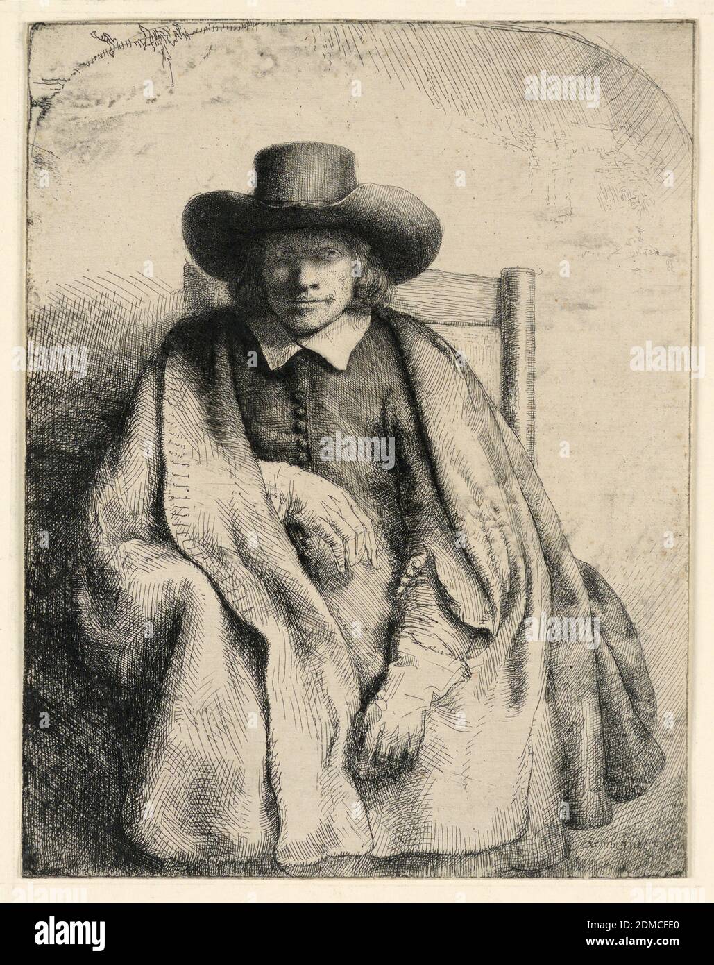 Clement de Jonghe, Printseller, Rembrandt Harmensz van Rijn, Dutch, 1606–1669, Etching on laid paper, Three-quarter length portrait of a man, seated, facing the spectator, the head shown full-face. He wears a cape, broad-rimmed hat, and gloves. Arched top., Netherlands, 1651, Print Stock Photo