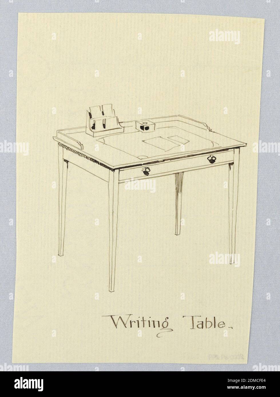 Design for Simple Rectangular Writing Table with Wrap-Around Backsplash, A.N. Davenport Co., Pen and black ink on thin cream paper, 1900–05, furniture, Drawing Stock Photo