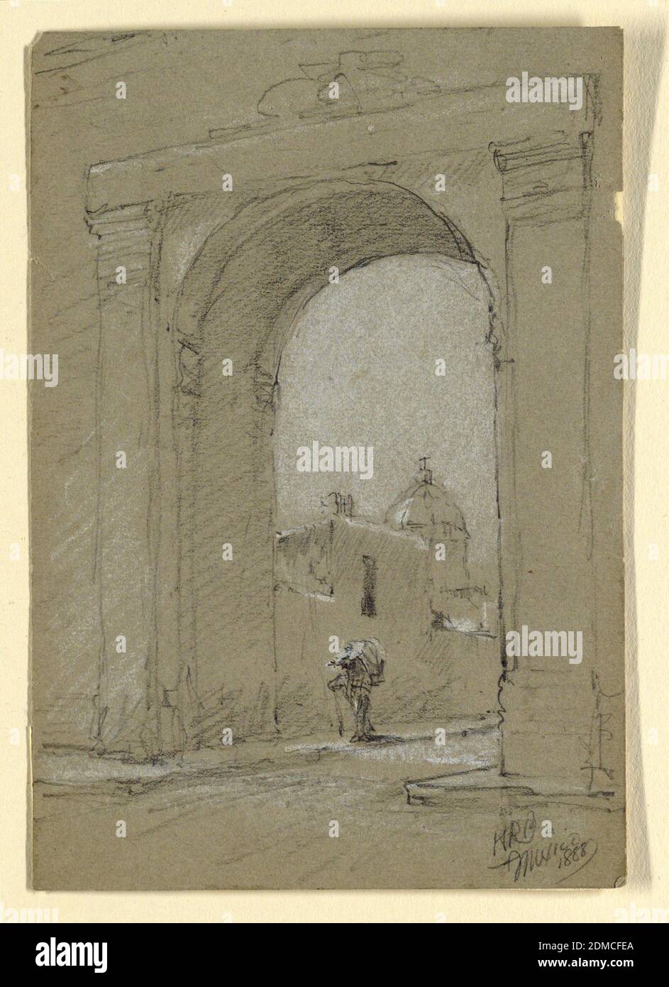 A town gate in Mexico., Howard Russell Butler, American, 1856 - 1934, Black. brown, white crayons. Grey paper., Verticle rectangle. Oblique view of a gate in a wall of a sidewalk in a street with a church. A man carrying a burden walks out. Written in the lower right corner: HRB / Mexico / 1888., USA, 1888, landscapes, Drawing Stock Photo