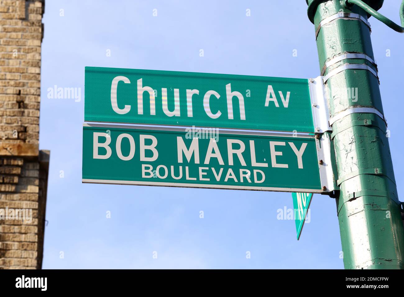 Street signage proclaiming Church Avenue as Bob Marley Boulevard in Brooklyn's Flatbush neighborhood, New York, NY, USA Stock Photo