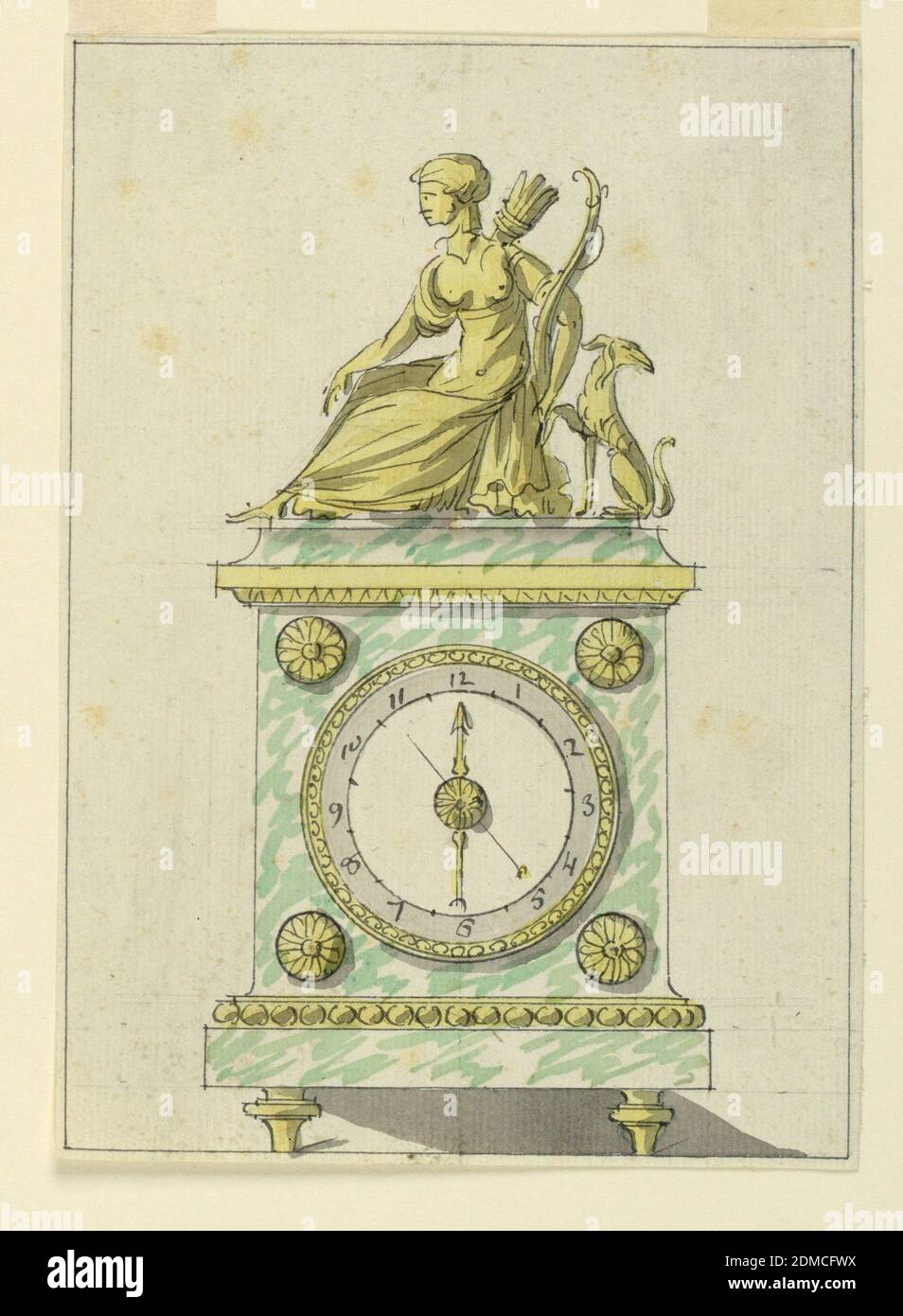 Design for a Mantel Clock, Graphite, pen and ink, brush and watercolor on paper, Design for a marble and bronze clock. The case is marble with bronze decoration. Mounted above is a bronze group of seated Diana (?) and a dog., France, 1780–90, timepieces & measuring devices, Drawing Stock Photo