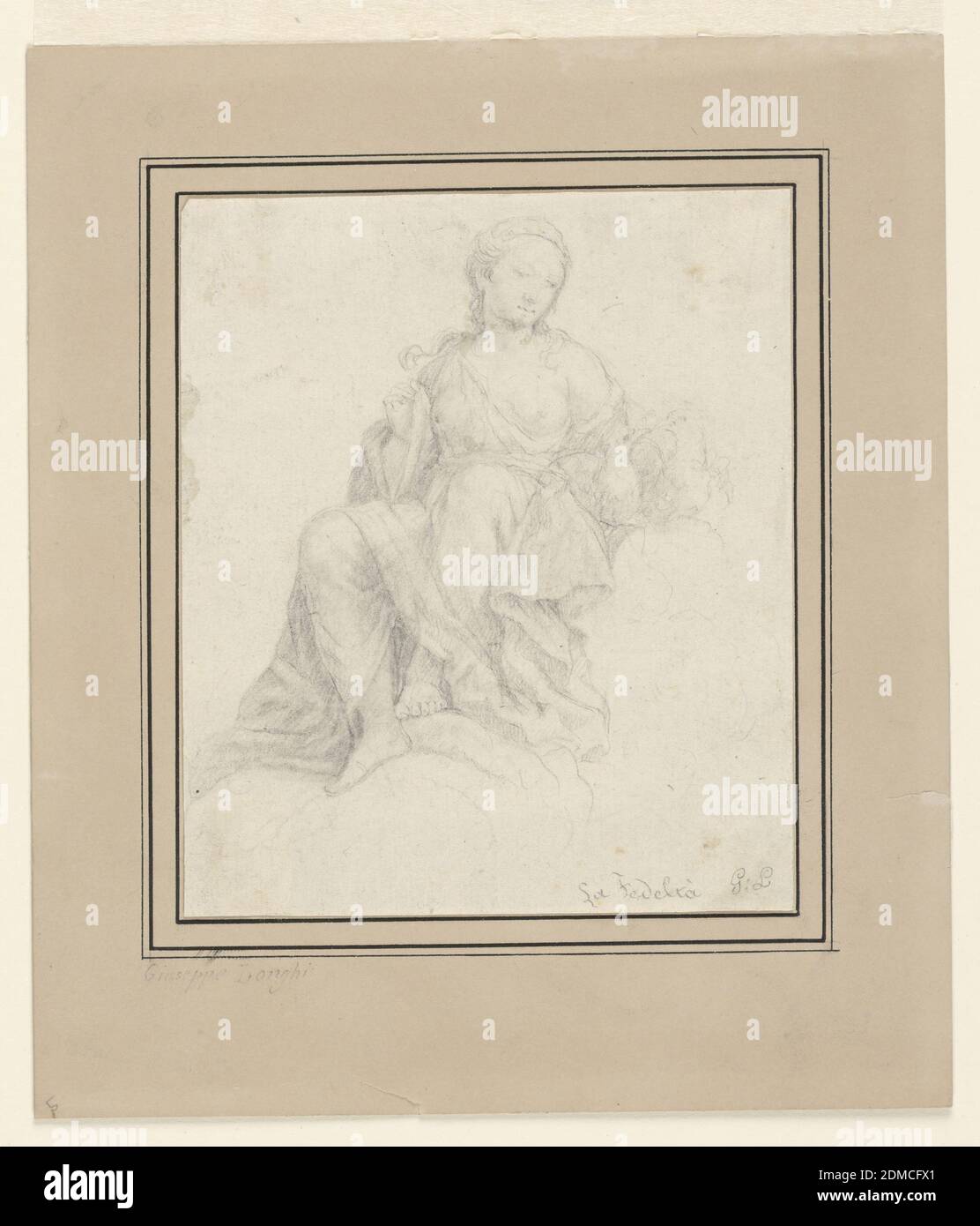 Allegorical Figure of Fidelity, Giuseppe Longhi, Italian, 1766–1831, Graphite on cream paper, laid down, The allegorical figure of Fidelity is seated on a cloud, looking at kissing doves on her left., northern Italy, Italy, 1790–1830, figures, Drawing Stock Photo