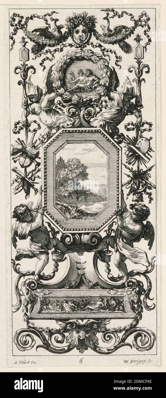 Ornamental Panel Surmounted by the Crowned Head of a Woman and Two Peacocks, plate 6 from the Livre de Diverses Grotesques peintes dans le Cabinet et Bains de la Reyne Regente, au Palais Royale, Michel Dorigny, 1617 – 1665, Simon Voüet, 1590 – 1649, Etching with engraving on white laid paper, Consists of two images on one sheet: a grotesque panel with a medallion as centerpiece, carried by two figures, surmounted by female mask; the grotesque design composed predominantly of wreath and floral scroll motifs., France, France, 1647, ornament, Print Stock Photo