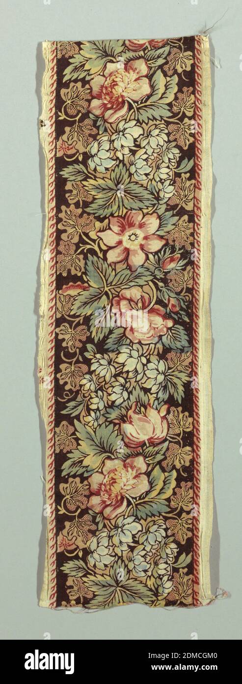 Border, Medium: cotton Technique: block printed, Narrow band with a dark brown ground showing tightly clustered flowers and leaves in red, light brown, blue, yellow, and 'double green' (blue printed with yellow). Border on both edges showing a row of small red wishbone shapes., England, 1790–1811, printed, dyed & painted textiles, Border Stock Photo