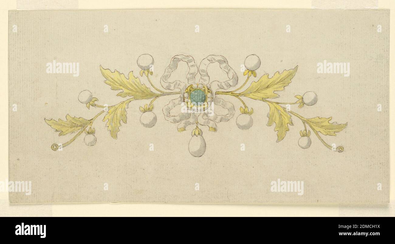 Design for a Coronet, Pen and brown ink, brush and gray, yellow, green wash, graphite on white laid paper, Horizontal rectangle. Design for a small crown or tiara intended to be executed in gilded metal and diamonds. Two branches of bitter oak with leaves and round buds made up of pearls. In the center, a white knot with a circular framed green diamond; below is a hanging pearl., Italy, mid- 19th century, jewelry, Drawing Stock Photo