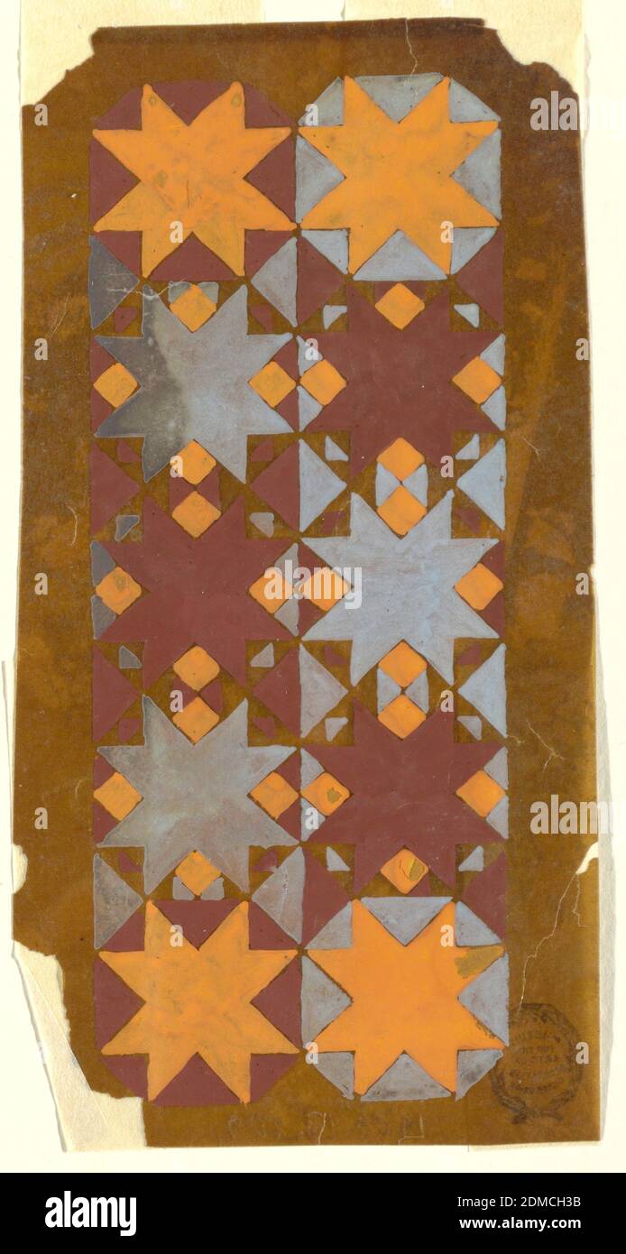 Design for a Woven Fabric, Brush and blue, purple, and leteritious gouache on oily tracing paper, Same style as 1909-13-106. Five rows of two repeats each are shown. The repeat consists of an eight-pointed start in an octagon in the top and bottom rows. Blue and purple octagons alternatively. The stars are lateritious in the top and bottom rows, alternatively blue and purple in the others., France, 1825–1850, Drawing Stock Photo