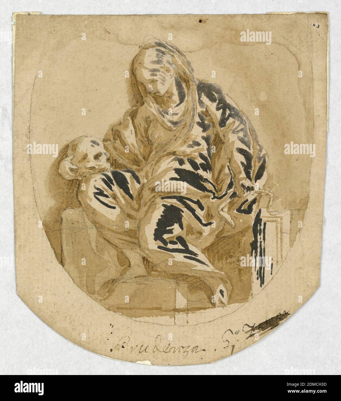 Design for an Ovoidal Painting: Prudence, Giacomo Zampa, Italian, 1731 - 1808, Black chalk, pen and ink, brush and sepia wash, brush and white oxidized gouache on brown paper, A seated woman contemplates a skull she holds in upon her right knee. The left hand holds a snail. Most of the entire ovoid is shown. Caption: 'Prudenza'. On verso, opposite direction: a part of the left arm of the figure in 1931-65-51 and shadowing in red crayon., Forli, Italy, ca. 1780, Drawing Stock Photo