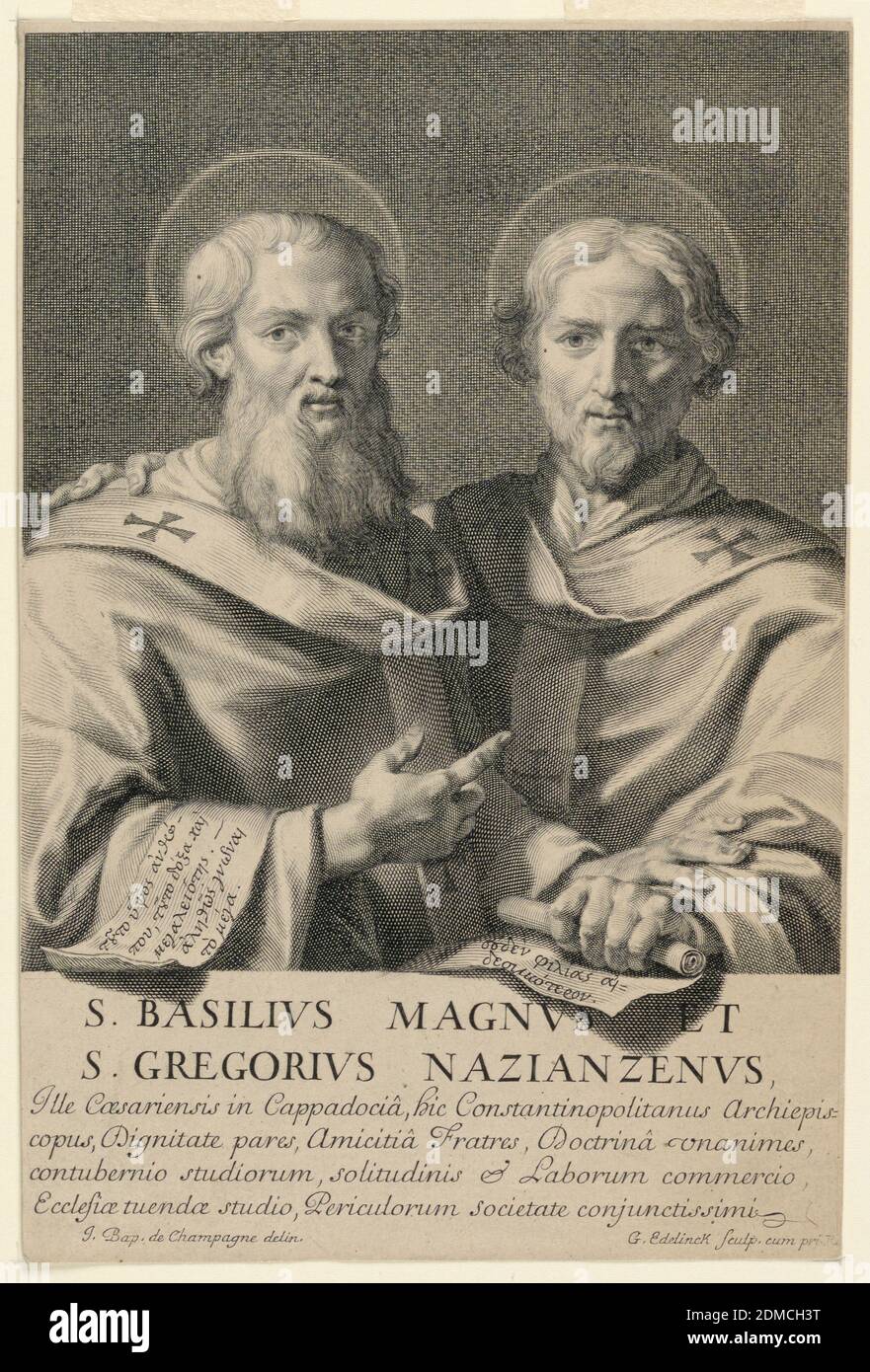 Saint Basil and Saint Gregory, Gerard Edelinck, Flemish, active in France,  1640/41 - 1707, Jean-Baptiste de Champaigne, French, 1631 - 1681, Engraving  on paper, St. Gregory faces frontally, at the right, with