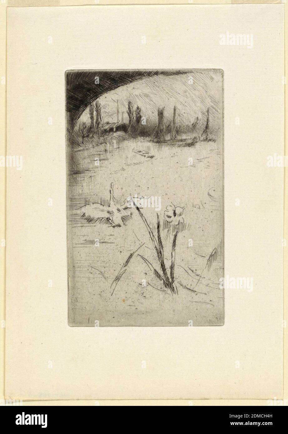 Sketch after Cecil Lawson's 'Swan and Iris', James McNeill Whistler, American, 1834–1903, Etching and drypoint on cream laid paper, Near an iris plant a swan flutters in a stream which flows under an arched bridge. In the distance are barges, four tall trees, a low shed and two chimneys., USA, 1882, landscapes, Print Stock Photo