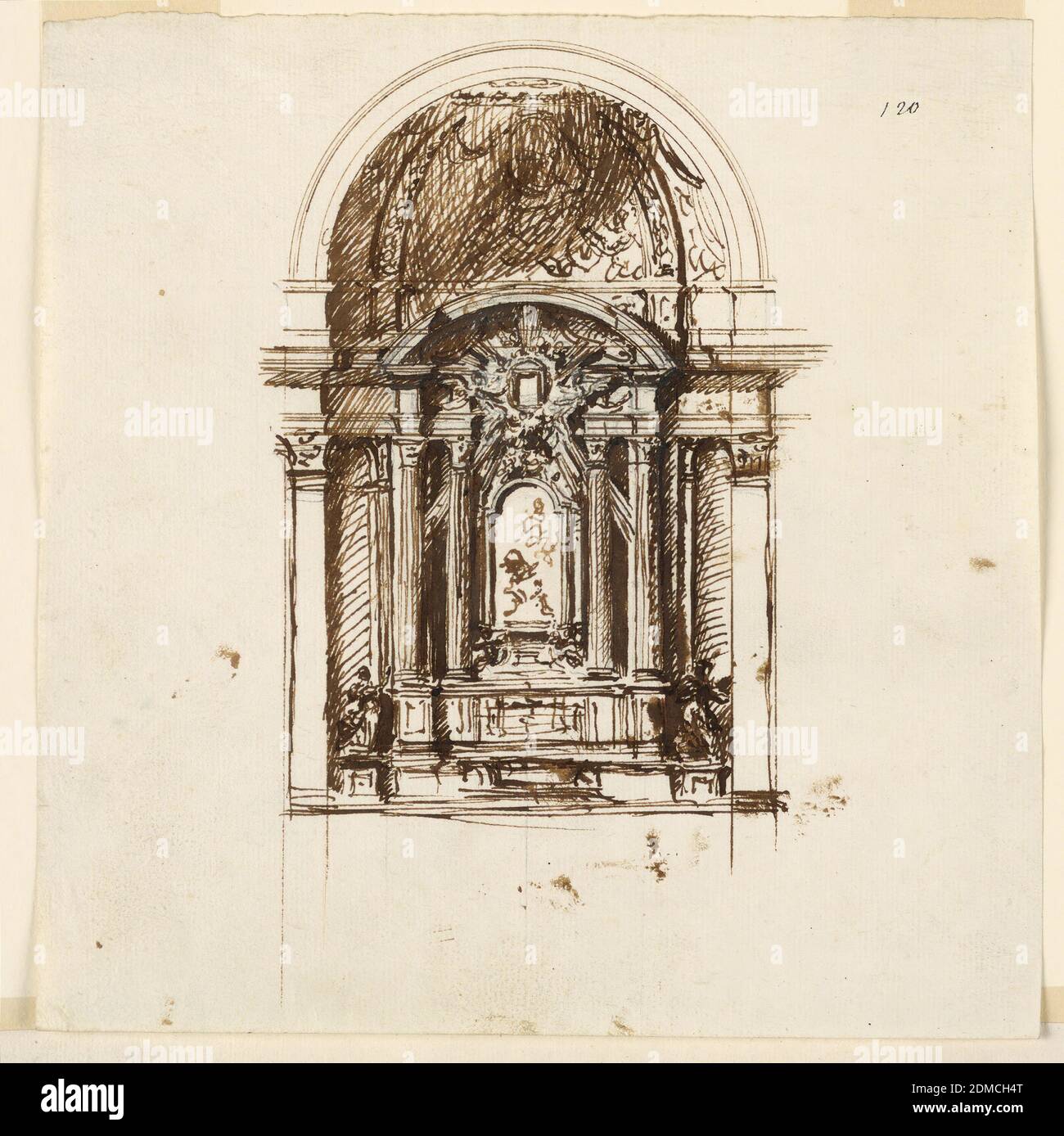 Elevation of an Apse with Altar, Giuseppe Barberi, Italian, 1746–1809, Pen and brown ink, brush and brown wash, graphite on off-white laid paper, The entablature of the altar is in the same height than that of the chapel; part of the supports being the same for either. A frame of a reversed image is supported by angels before the entablature under the circular pediment. Statues of female figures stand laterally beside the mensa., Rome, Italy, 1775–1800, architecture, Drawing Stock Photo