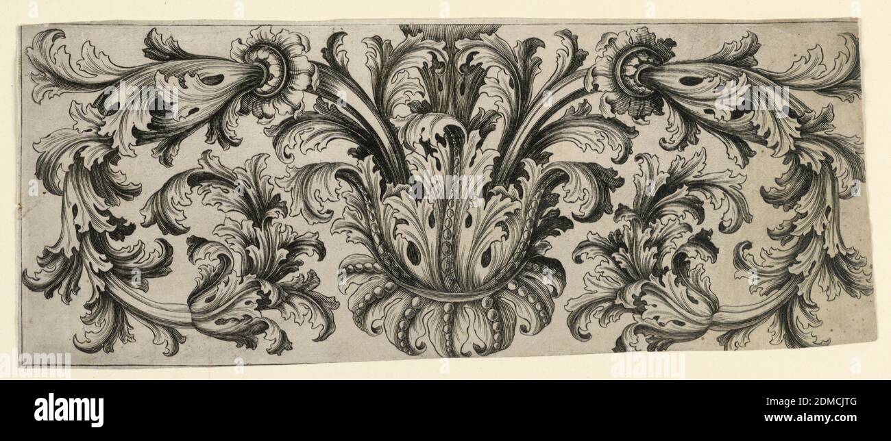 Acanthus frieze, Engraving, Calyx and two spirals, France, ca. 1640, Print Stock Photo