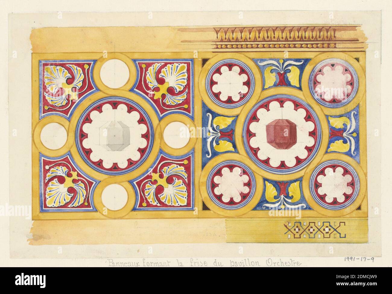 Design for Decorative Panel for July Festival Architecture, Félix-Jacques Duban, French, 1798 - 1870, Brush, pen, watercolor, gouache, black ink, wash, graphite on off-white paper mounted on off-white laid paper, Geometric oriental design in blue, red, and gold for frieze panels of music pavilion (see 1991-17-7). Panel design divided into two squares divided into quatrofoil-like pattern with faceted objects in central circle. Decorative bands at top and bottom are partially described., 1834, architecture, Drawing Stock Photo