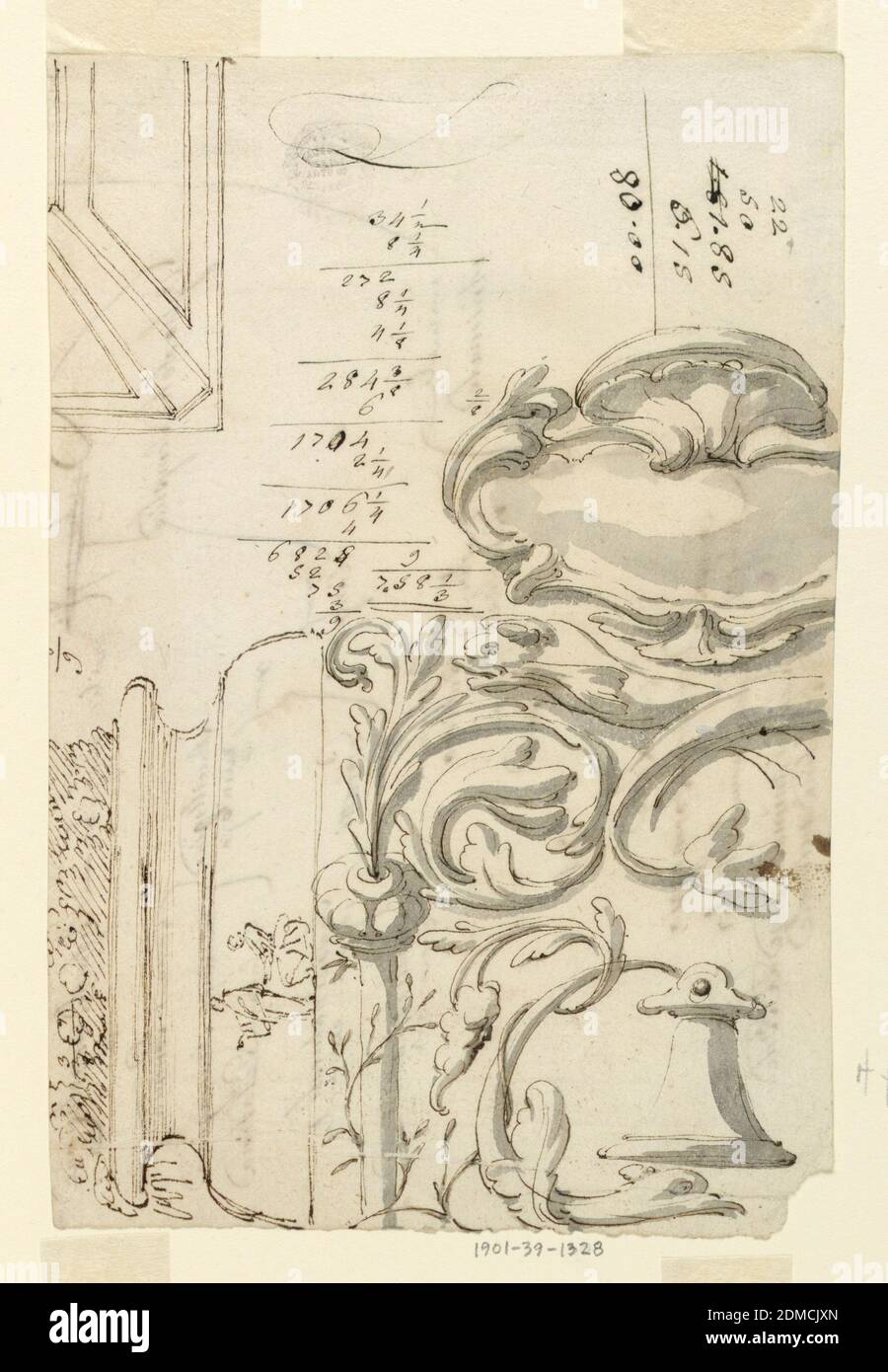 Sketches, Filippo Marchionni, Italian, 1732–1805, Pen and ink, brush and gray watercolor on paper, Top left: ceiling decoration with panels and bands. Bottom right: panel decoration with grotesque motifs and escutcheon on top; beneath it are dolphins with crossing tails; a bell hands from the tail of another dolphin farther below. Lower left: a vase in the shape of a column base, filled; a standing man and a kneeling woman are shown in the bottom molding; some accounting figures. On verso: fragment of a written tablet pertinent to a chemical system beginning with Ogio dolce semplice Stock Photo
