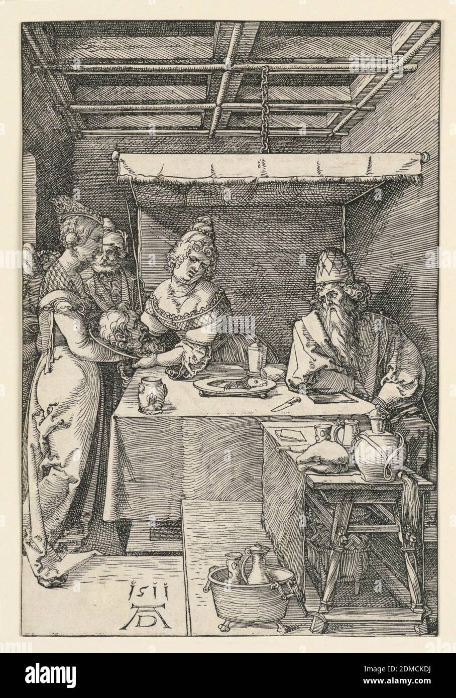 Herodias with the Head of John the Baptist, Albrecht Dürer, German, 1471–1528, Woodcut and black ink on paper, Salome receiving the head of St. John from a servant. Herod is seated at a table under canopy, right. At lower left, the monogram of Durer and the date, 1511., Germany, 1511, figures, Print Stock Photo