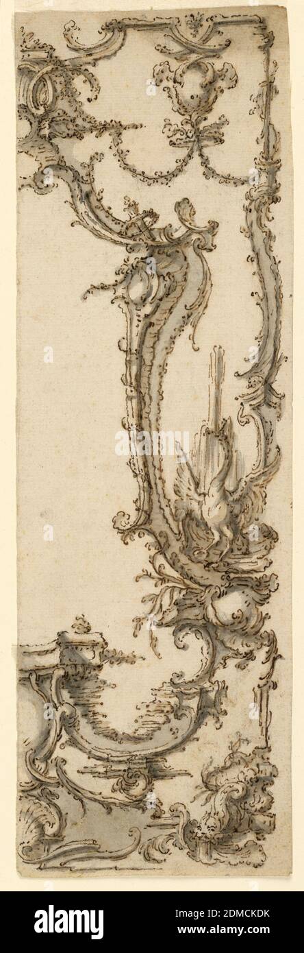 Carved Decoration for a Wall Panel, Graphite, pen and ink, brush and grey-brown wash on paper, The right half is shown. Rocaille framing, with a standing swan. Water springs from swan's beak and pours at right., ca. 1740, interiors, Drawing Stock Photo