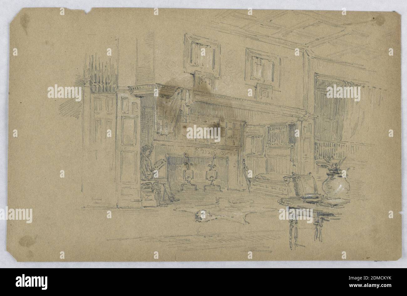Sketch of Large Room, Arnold William Brunner, American, 1857–1925, Graphite and white heightening on brown paper, Profile of man seated in room, beside a fireplace, reading. Bear rug on floor; lower right, chair with table, vase with plant on top., USA, 1883, architecture, interiors, Drawing Stock Photo