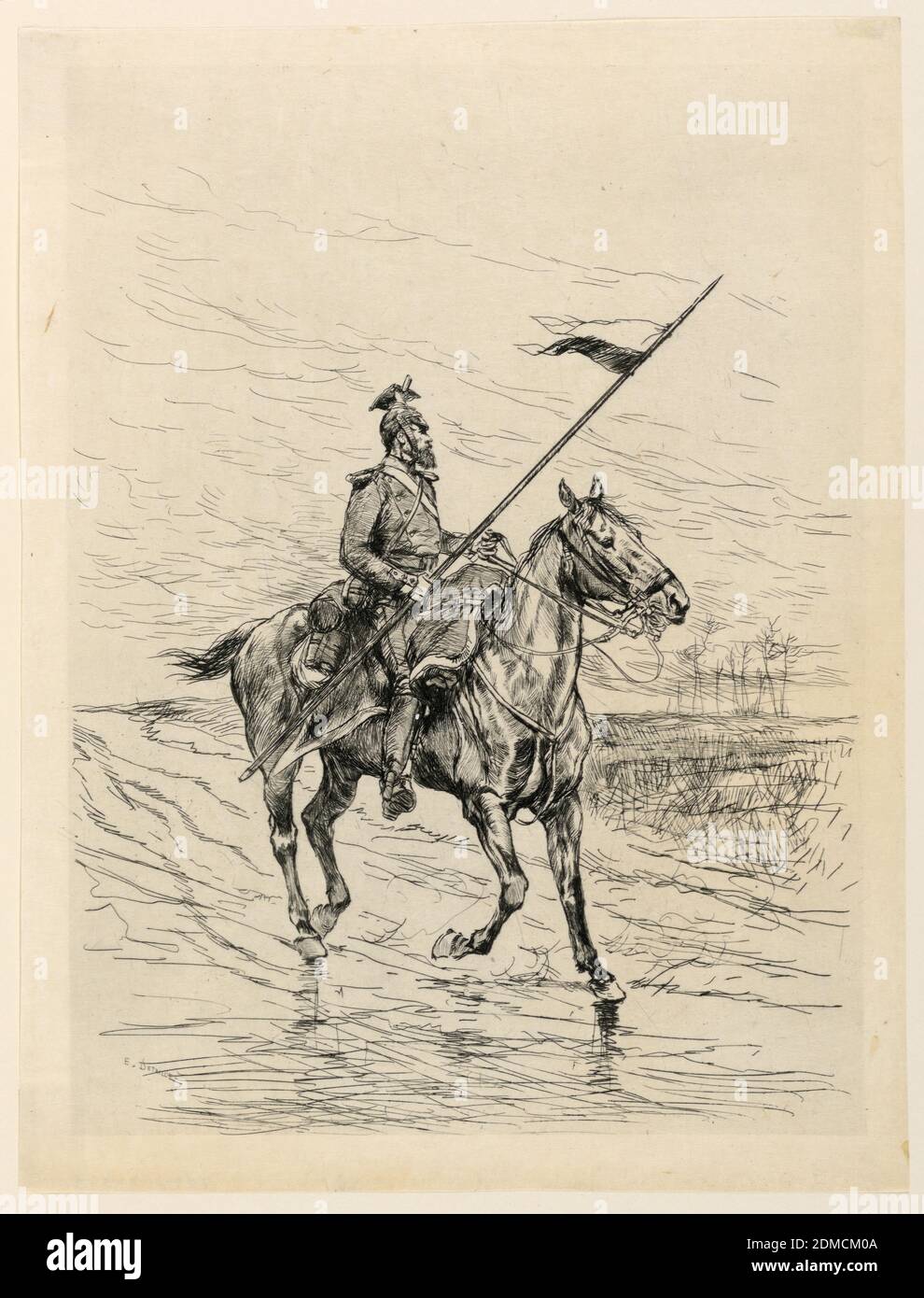 Un Uhlan, Edouard Detaille, French, 1848–1912, Etching in dark brown ink on white paper, A cavalry officer is seen riding his steed from the right, front. His head is turned to the left and he carries a long spear in his right hand., France, ca. 1874, Print Stock Photo