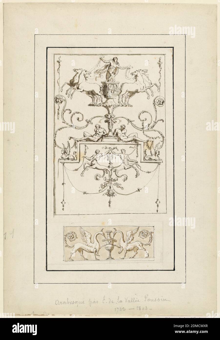 Two Ornamental Arabesque Motifs, Etienne de Lavallée-Poussin, French, 1735–1802, Pen and brown ink with ink wash, graphite on pieces of paper, Top, upper portion of an arabesque panel, consisting of a figure dirving a chariot drawn by four horses on a pedestal rising between two reclining figures. Below, on a panel between sphinxes, a pair of arabesques terminating in half-horse half-human figures. Below, two basiliks standing face to face flanking an urn decorated with a human face., France, 1770, Drawing, Drawing, Two Ornamental Arabesque Motifs, Etienne de Lavallée-Poussin, French Stock Photo