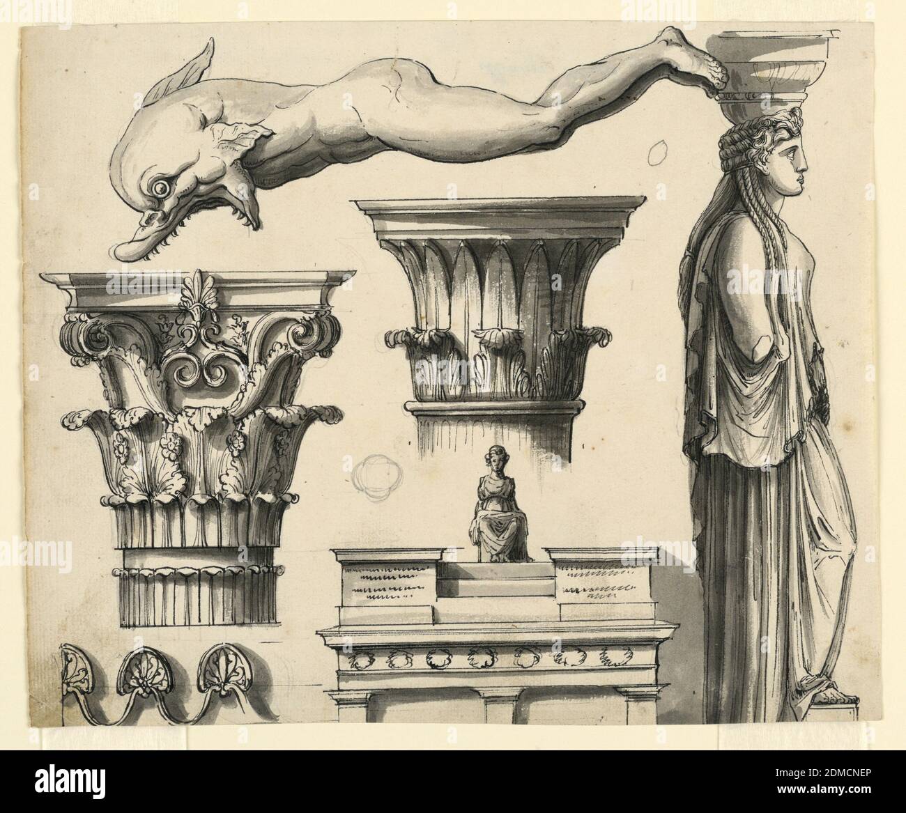 Classical and Pseudo-Classical Architectural Details, Romolo Achille Liverani, Italian, 1809 - 1872, Pen and black ink, brush and bistre, gray watercolor, graphite on paper, Horizontal rectangle. At top, shown from the side, a man with the head of a dolphin. At right, a caryatid, seen from the side. Two Corinthian capitals from the monument of Lysicrates and the Tower of the Winds in Athens. Below, at left is a cresting border with palmettes; at right, the upper part of a mausoleum with a sculpture of a seated woman., Italy, ca. 1840, architecture, Drawing, Drawing, Classical Stock Photo