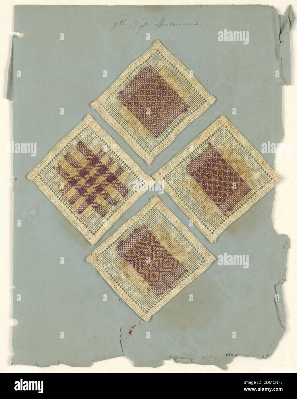 Sewing instruction book samples, Medium: linen Technique: darning and hem stitches on plain weave, Squares of linen fabric, each one hemstitched and ornamented with a design worked in darning stitch in purple and yellow silk., USA, 1829, sample books, Sewing instruction book samples, Sewing instruction book samples, Medium: linen Technique: darning and hem stitches on plain weave, Squares of linen fabric, each one hemstitched and ornamented with a design worked in darning stitch in purple and yellow silk., USA, 1829, sample books, Sewing instruction book samples Stock Photo