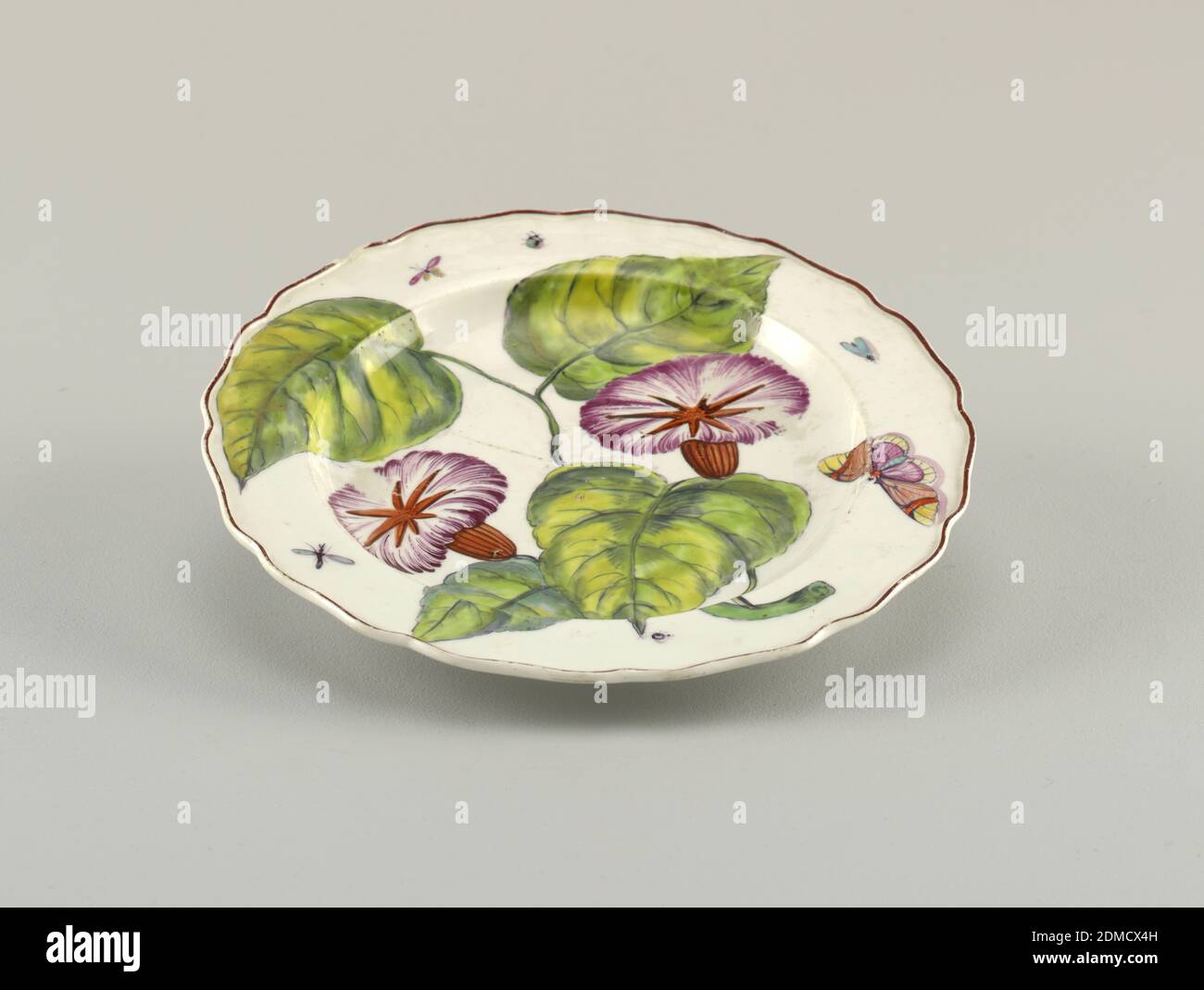 Hans Sloane' Plate, Chelsea Porcelain Manufactory, English, established ca. 1743/45, Georg Dionysius Ehret, German, 1708 - 1770, soft paste porcelain, vitreous enamel, A plate with a wavy, brown-edged rim, painted with a large branch of convolvulus/bindweed (Ipomoea purpurea) and various insects., England, 1753–1756, ceramics, Decorative Arts, plate, plate Stock Photo