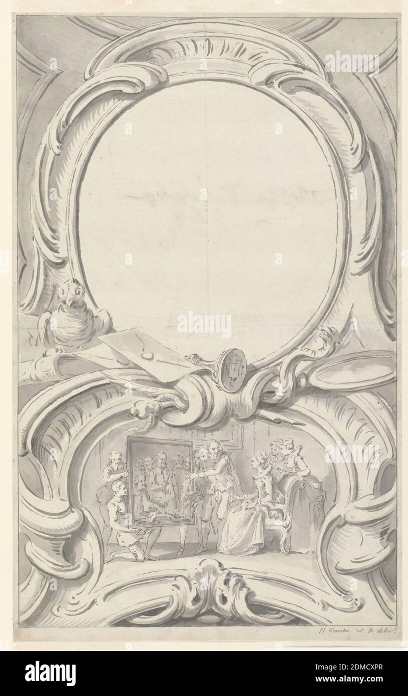 Design for Frame Surrounding the Portrait of Sir Francis Walsingham, Gravelot, French, 1699 - 1773, active in England, Pen and ink, brush and wash on paper, Design for frame surrounding the portrait of Sir Francis Walsingham. Two escutcheons, the top one blank and intended for the portrait, surrounded by a mortar board, seal, book, and bird at lower left. At bottom, the frame contains a figural scene depicting the presentation of a portrait painting to a seated woman., France, 1737–38, interiors, Drawing Stock Photo