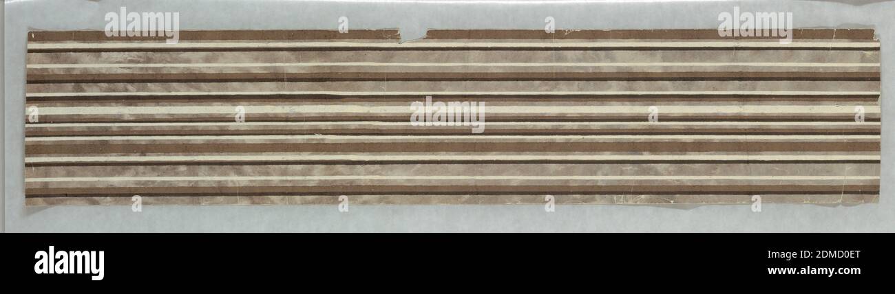 Border, Block-printed, Brown, black and white thin parallel strips decorate a marbled ground. Glossy ground. May be simulating architectural molding., France, ca. 1850, Wallcoverings, Border Stock Photo