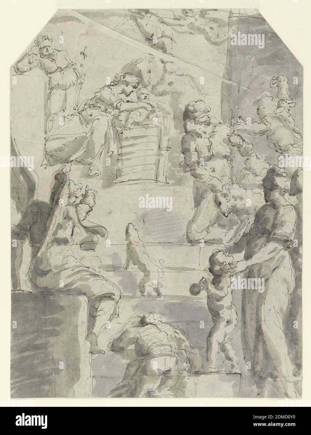The Adoration of the Shepherds, Pen and black ink, brush and brown and grey wash on cream laid paper, The Holy Family is seen at the top of a steep stairway in the background. A shepherd, with sheep, kneels on the right in adoration. A seated angel, left, points towards the scene. A man lies prostrate on the steps in the center foreground, while a dog in front of him climbs the steps. An adoring child and woman stand in the right foreground. The upper corners of the picture are chamfered., Italy, 1720–50, figures, Drawing Stock Photo