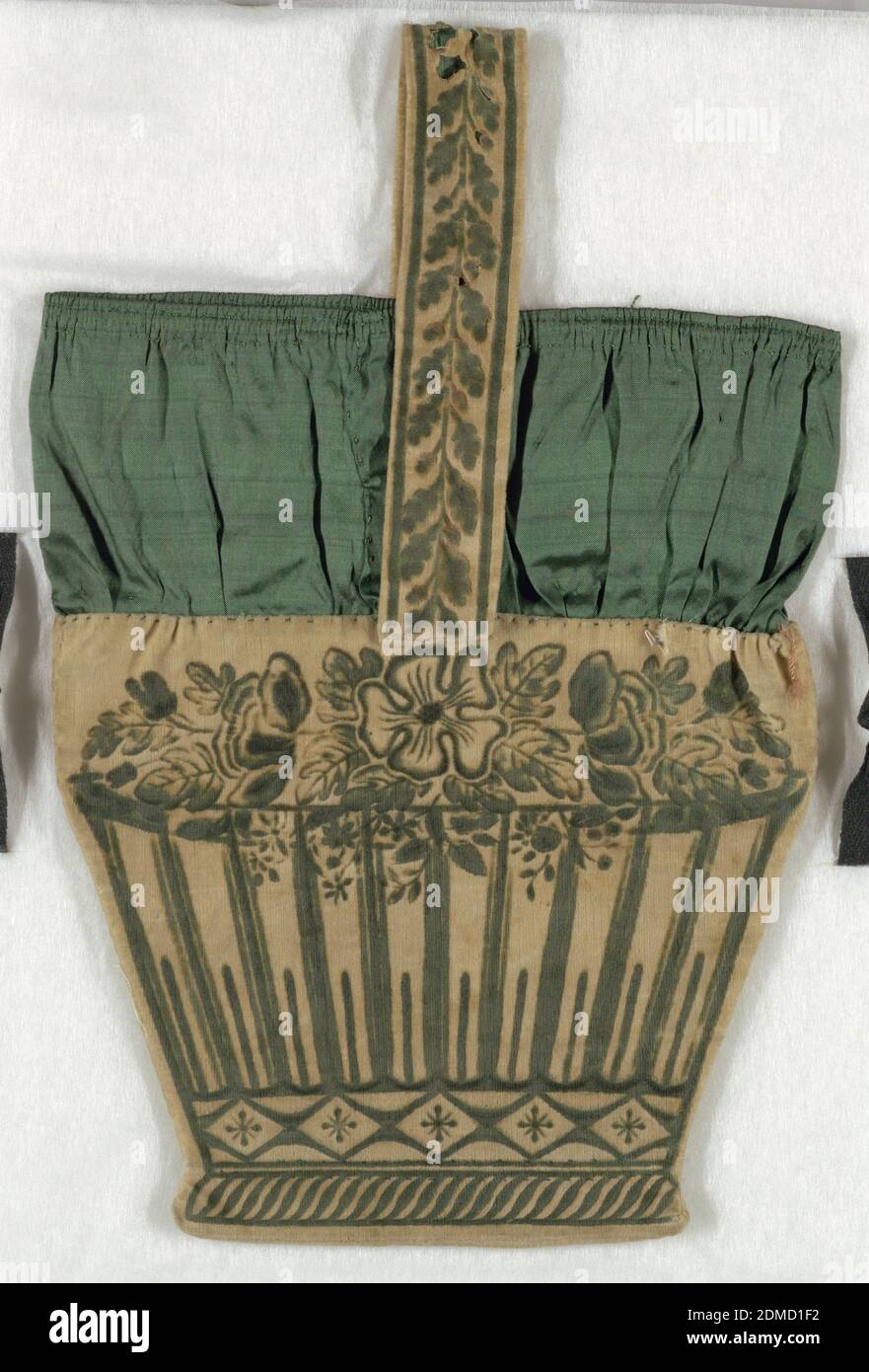 Bag, Medium: cotton, silk Technique: printed on velveteen, Bag of cream cotton velvet printed in imitation of a flower basket. Lined with green taffeta., England, 1800–1830, costume & accessories, Bag Stock Photo