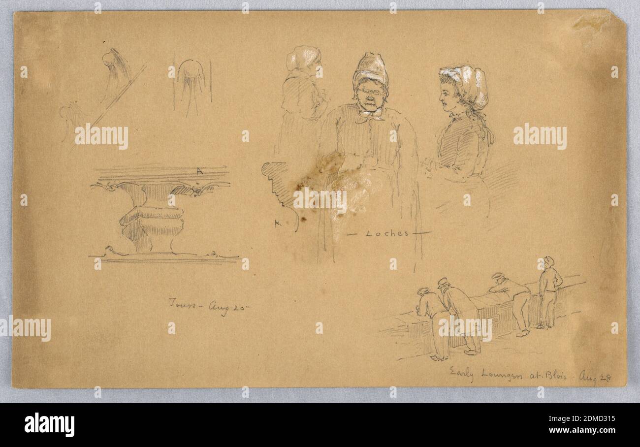 Architectural and Figure Sketches, Arnold William Brunner, American, 1857–1925, Graphite and white heightening on grey-brown paper, Left, railing at Tours. Center, three sketches of woman with bonnet, two profiles one front. Lower right, 4 male figures leaning over a low stone wall., USA, 1883, architecture, Drawing Stock Photo