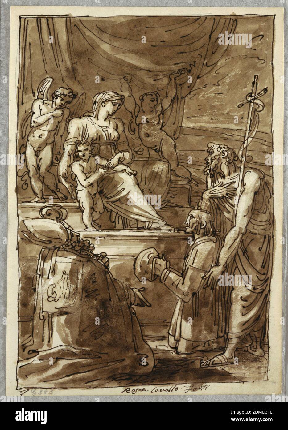The Virgin and Child with Saints, Study after Gerolamo Marchesi, Felice Giani, Italian, 1758–1823, Pen and brown ink, brush and light brown wash over black chalk on white laid paper, Enthroned Madonna sits at center left, with child standing beside her. Kneeling bishop saint at lower left. At right, St. John standing with kneeling saint, or perhaps, donor. Painting which has arched top, formerly in Basilica of S. Mercuriale, Forli., Italy, Italy, 1810–20, figures, Sketchbook folio, Sketchbook folio Stock Photo
