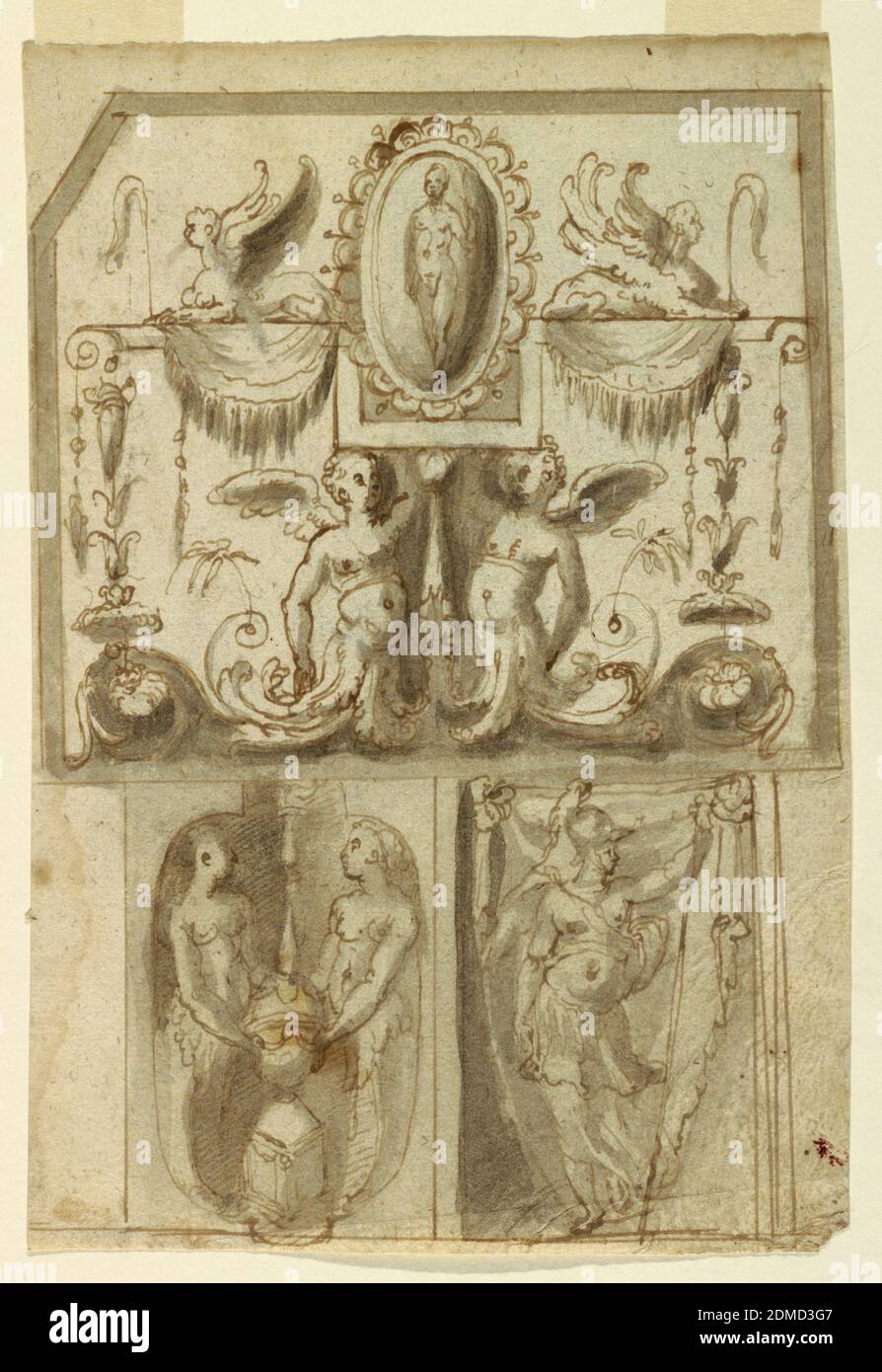 Design for the Painted Decorations of Three Panels, Pen and brown ink, brush and grey wash, black chalk on laid paper., Vertical rectangle with three panels. Above is a horizontal oblong with a bevelled upper left corner. The half-figures of two children carry a lath, the central part forms one half of an oblong, in which stands a framed cameo. Beside the cameo, sit two crouched sphinxes. Below, at left, is a vertical oblong with a niche-like quatrefoil. Two female half-figures stand beside a lit candelabrum. Below, at right, is a niche with a figure carrying a spear in left hand., Italy, 1580 Stock Photo