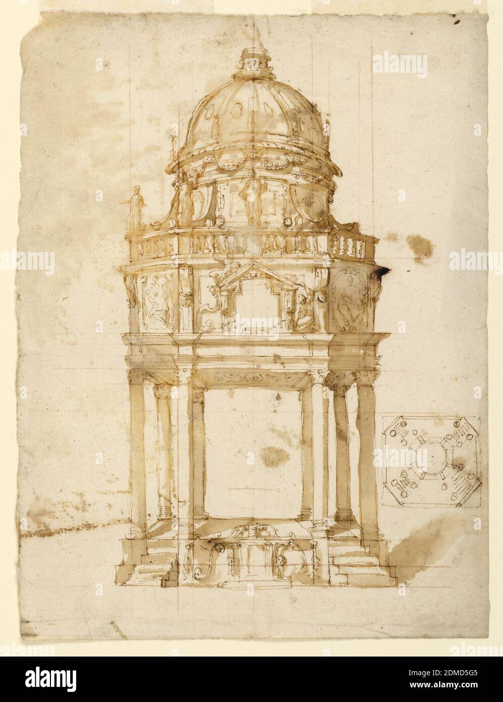 Design for a Catafalque, Unknown, Red crayon, pen and black ink, brush and wash on paper, Drawing of elevation and plan. An octagonal pavilion, to which flights of stairs lead on the oblique sides. Straight ceiling and entablature. An attic, for the decoration of which alternative suggestions are made. Statues stand on the left side of a balustrade, before the drum of a dome. On verso: pen sketches; a plan, a motif for the base., Bologna or Ferrara, Italy, after 1630, architecture, Drawing Stock Photo